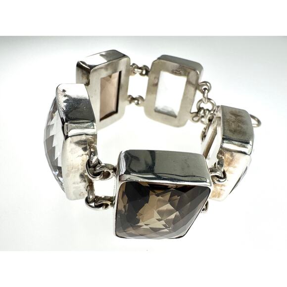 Smokey Quartz Clear Quartz Crystal Bracelet Chunky Handmade 925 Sterling Silver - Picture 8 of 8